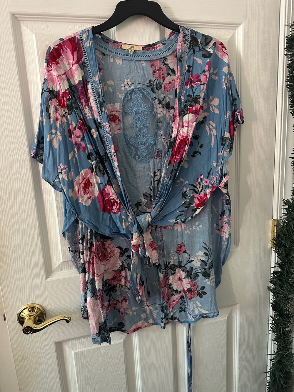 Kori Dusty Blue Floral Lace-Back Tie Front Tunic